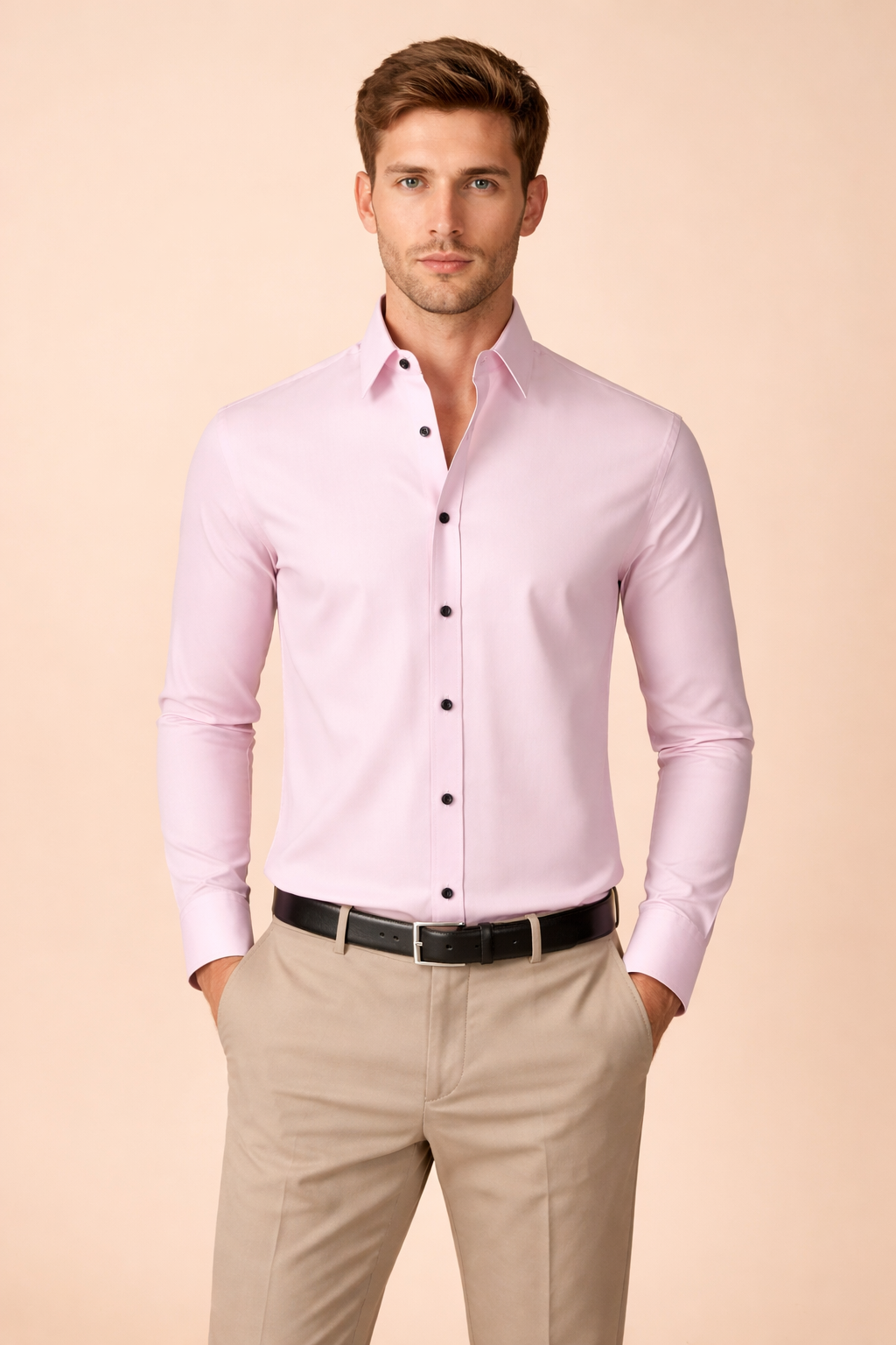 Formal men's stand-up collar shirt, long sleeve button-down. Perfect for office, business, or elegant evening wear.