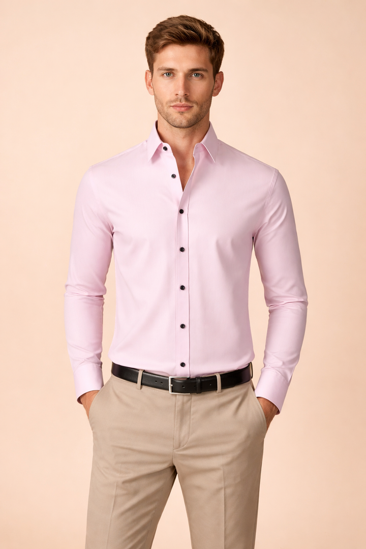 Formal men's stand-up collar shirt, long sleeve button-down. Perfect for office, business, or elegant evening wear.