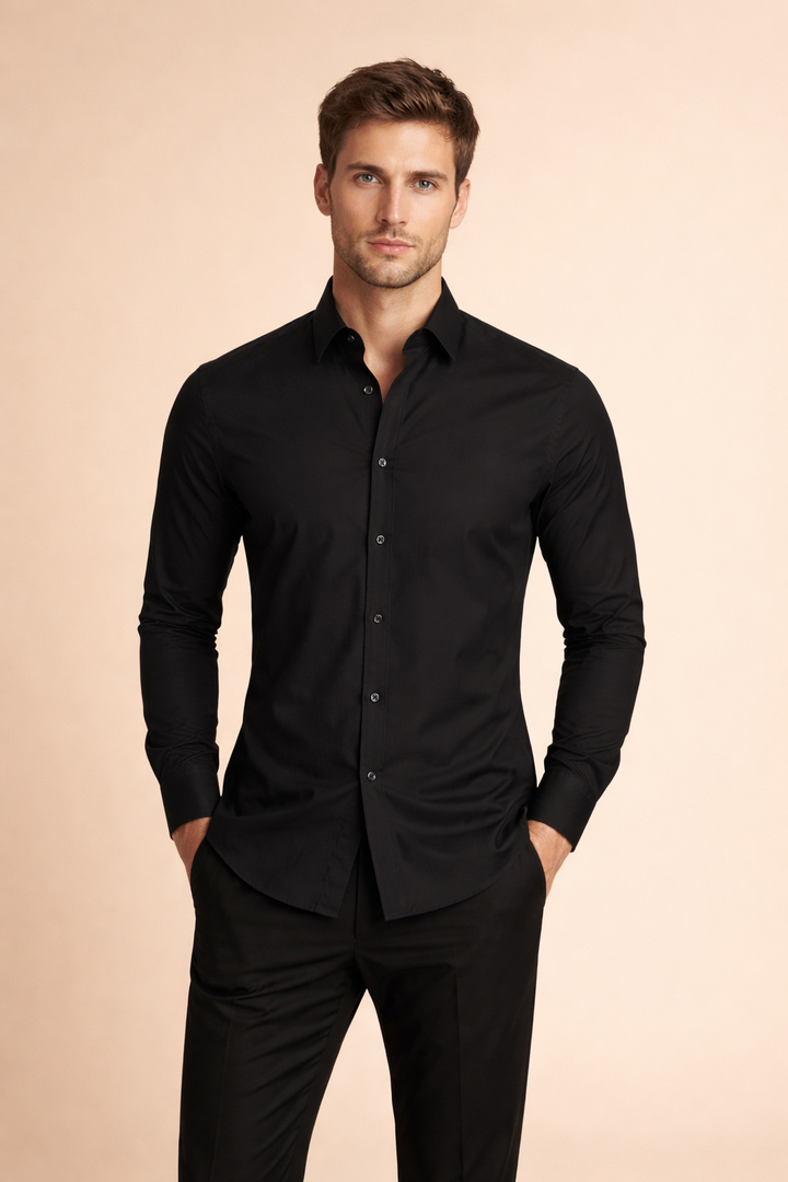 Men's classic stand-up collar button-down shirt. Long sleeves, modern fit, ideal for smart casual & formal occasions.