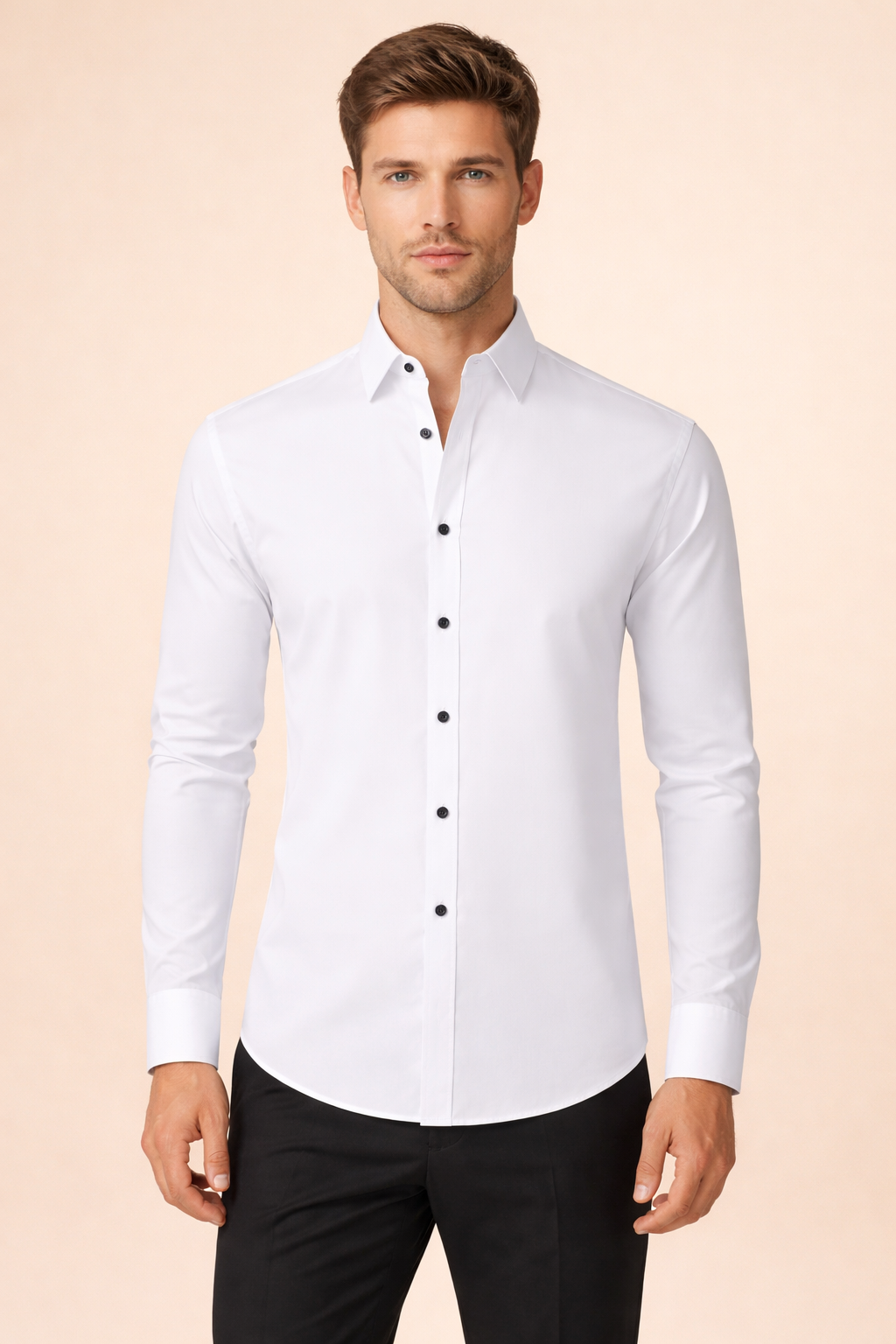 Comfortable men's elegant shirt, long sleeve button-down. Stand-up collar adds a touch of classic sophistication.