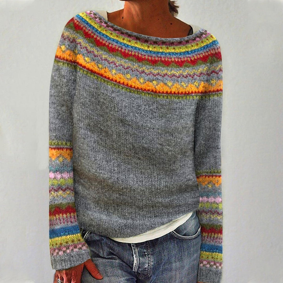Retro striped women's sweater, long sleeve knit top, comfortable and vibrant for casual fashion.