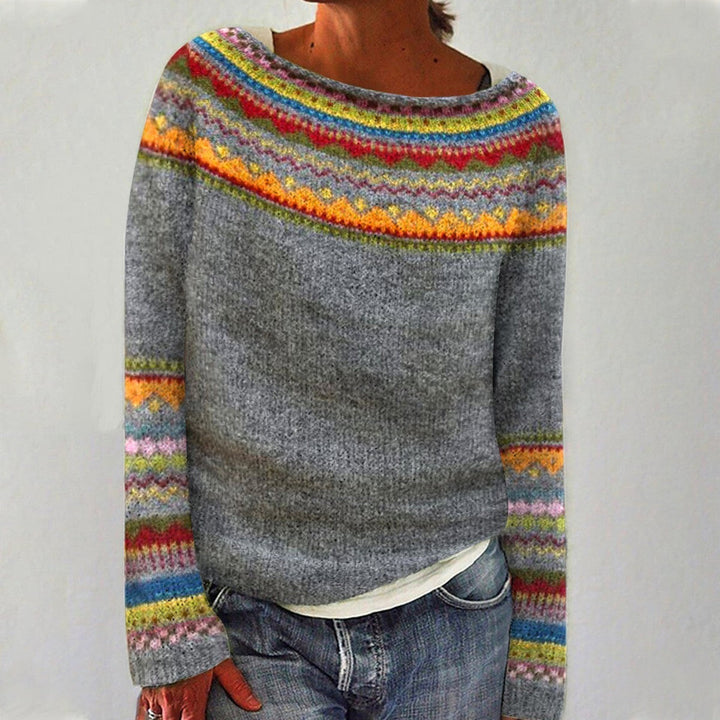 Retro striped women's sweater, long sleeve knit top, comfortable and vibrant for casual fashion.