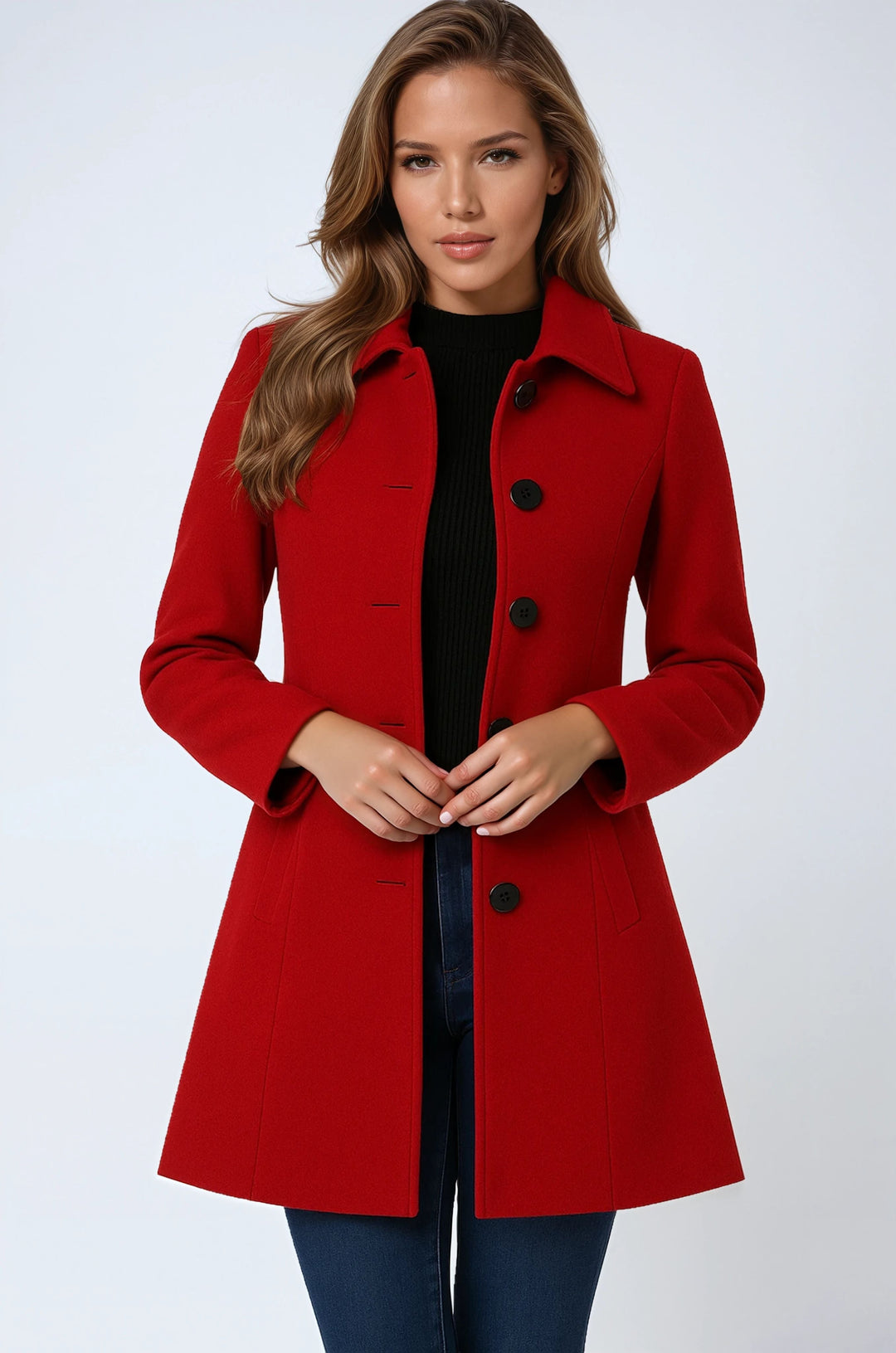 Stylish single-breasted trench coat for women. Long, elegant outerwear in a classic tailored fit for cold weather.