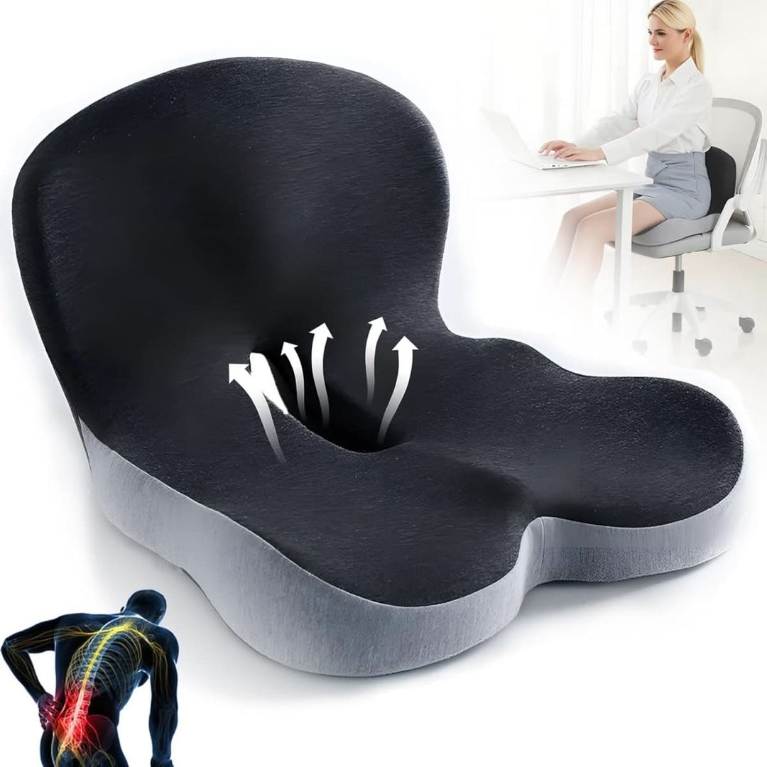 Ergonomic memory foam cushion for desk chair, car, or wheelchair, offering portable comfort & support.