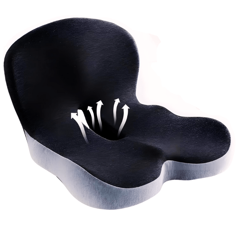 Therapeutic ergonomic memory foam seat cushion designed for lower back & sciatic pain relief.