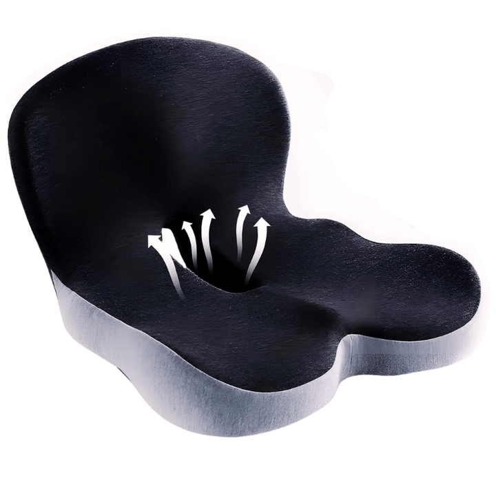 Therapeutic ergonomic memory foam seat cushion designed for lower back & sciatic pain relief.