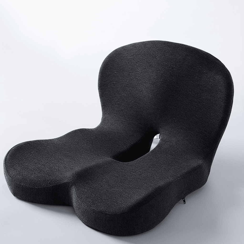 Pressure relief memory foam seat cushion for hip, tailbone, & lower back comfort in office or car.
