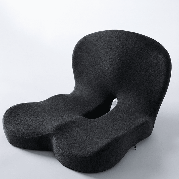 Pressure relief memory foam seat cushion for hip, tailbone, & lower back comfort in office or car.