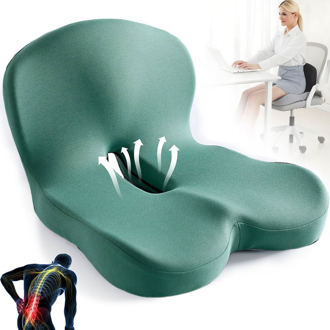 Versatile ergonomic memory foam cushion for home, office, car, travel, & wheelchairs.