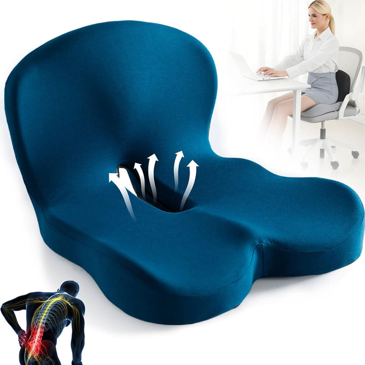 Unisex ergonomic memory foam seat cushion for office chair comfort, posture support & pressure relief.