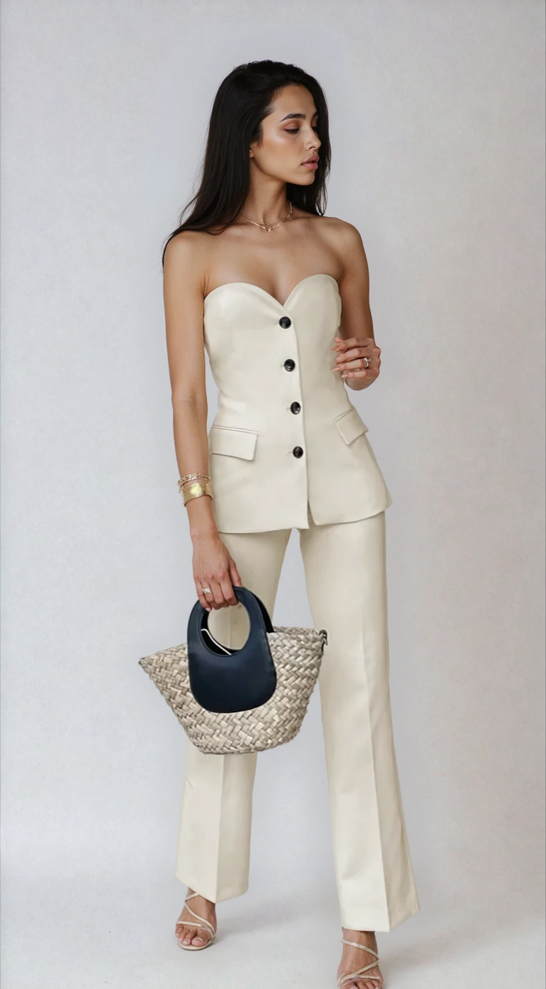 Elegant women's strapless top & wide leg pants matching set, perfect for formal evening wear.