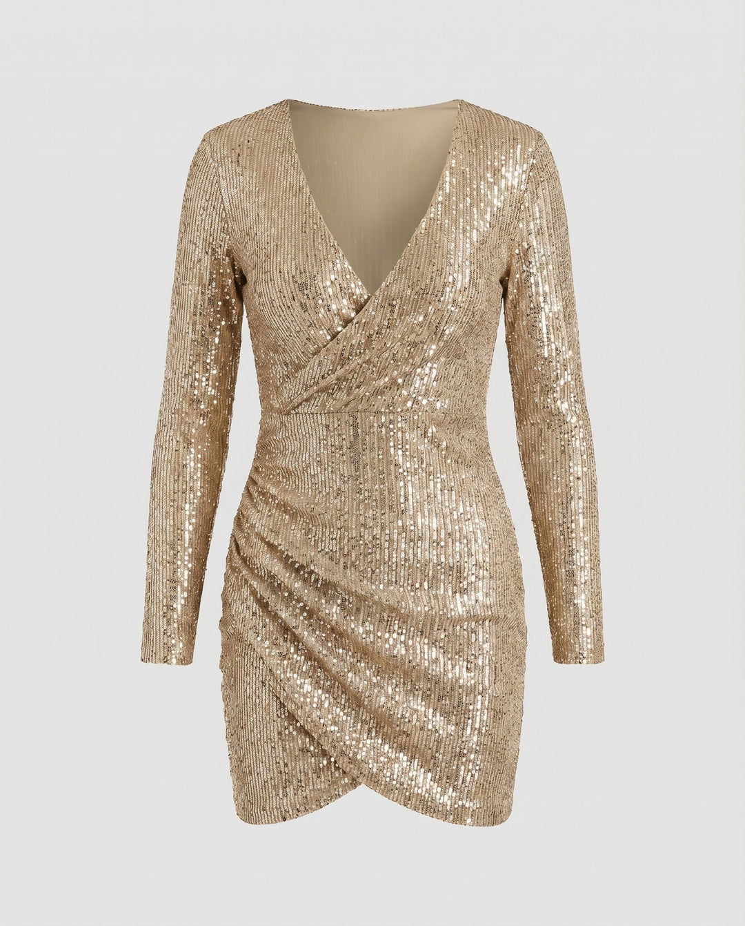 Glamorous women's wrap mini dress with a shimmering fabric and delicate ruffles, ideal for homecoming.