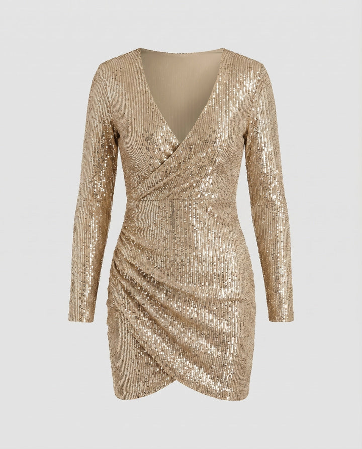 Glamorous women's wrap mini dress with a shimmering fabric and delicate ruffles, ideal for homecoming.