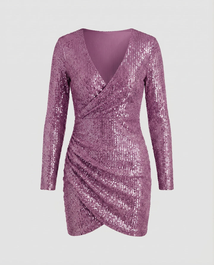 Shimmery women's cocktail dress. Wrap style, mini length, long sleeves, and charming ruffle details.