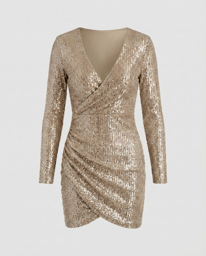 Dazzling women's ruffle wrap mini dress with a shimmering effect, perfect for any special occasion.