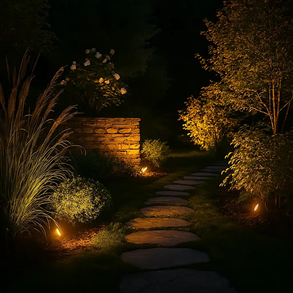 Waterproof adjustable solar LED spotlight with multiple RGB & white modes for pathways.