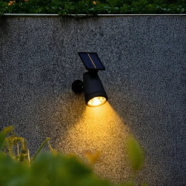 Smart solar garden spotlight with automatic RGB color-changing and steady white modes.