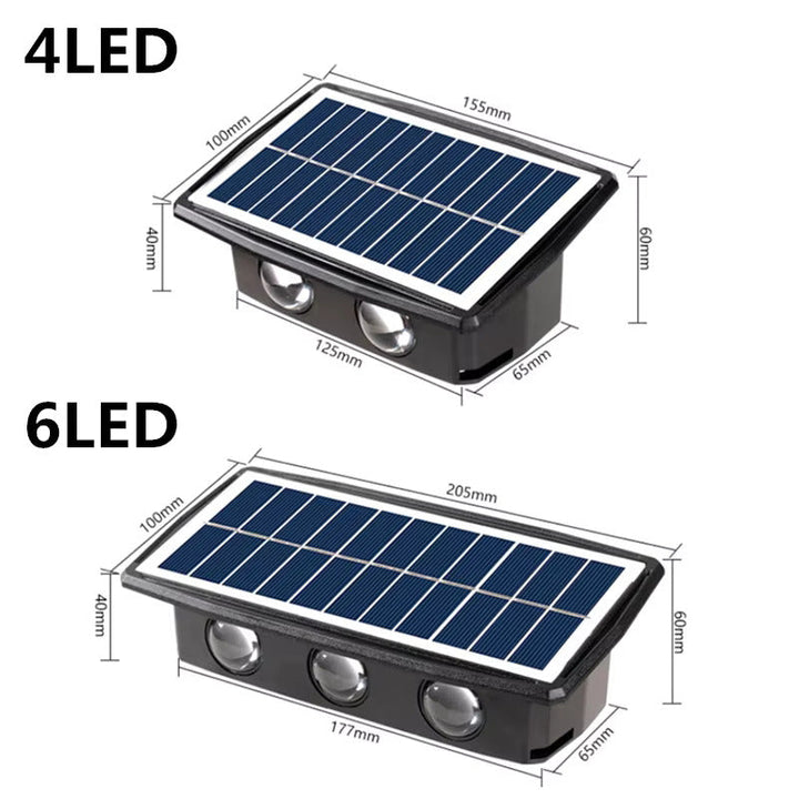 Exterior solar LED wall sconce, waterproof and dusk-to-dawn activated for energy-saving garden and security lights.