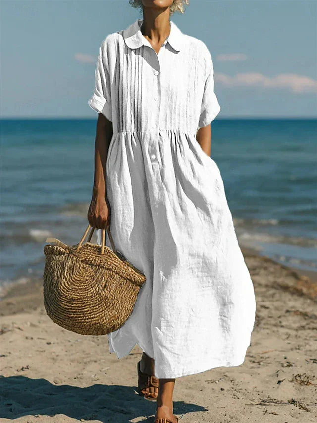 Women's stylish midi shirt dress with button-front, perfect for elegant everyday comfort and versatile wear.