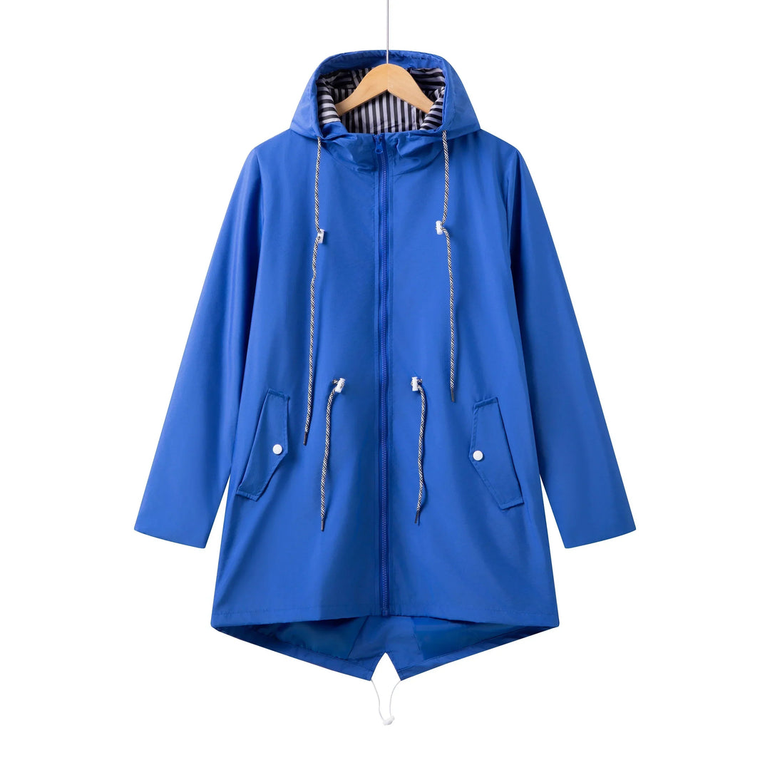 Women's waterproof hooded trench coat, ideal for spring & autumn rain and everyday outdoor wear.