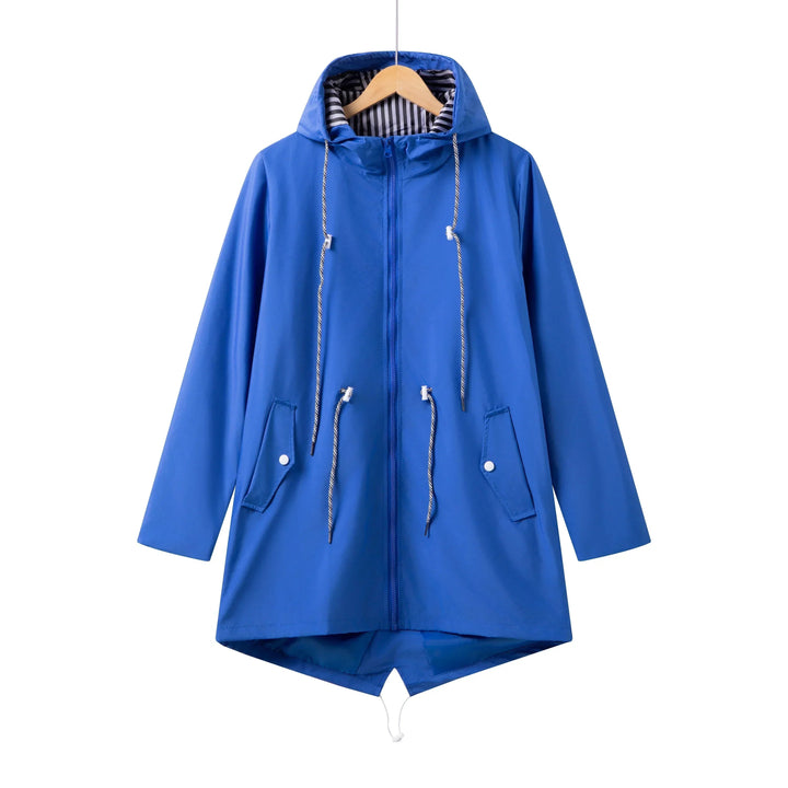 Women's waterproof hooded trench coat, ideal for spring & autumn rain and everyday outdoor wear.