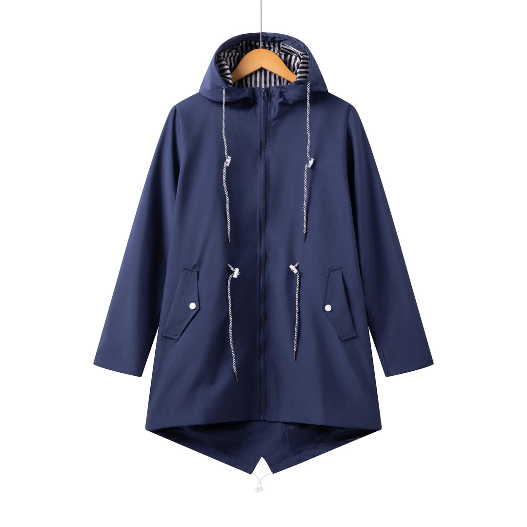 Stylish women's hooded waterproof trench coat, versatile outerwear for all-season autumn & spring fashion.