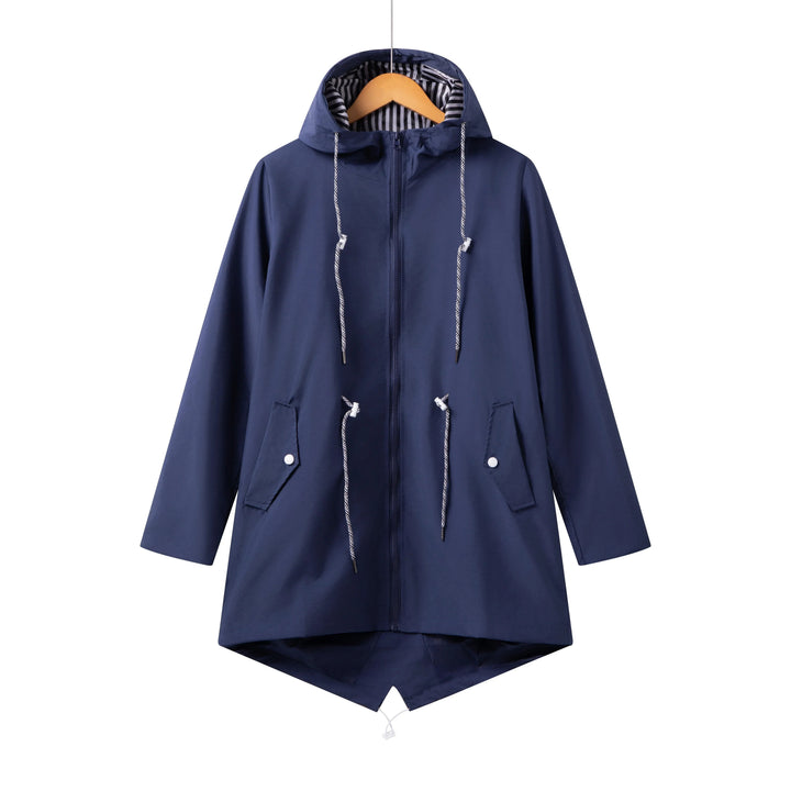 Stylish women's hooded waterproof trench coat, versatile outerwear for all-season autumn & spring fashion.