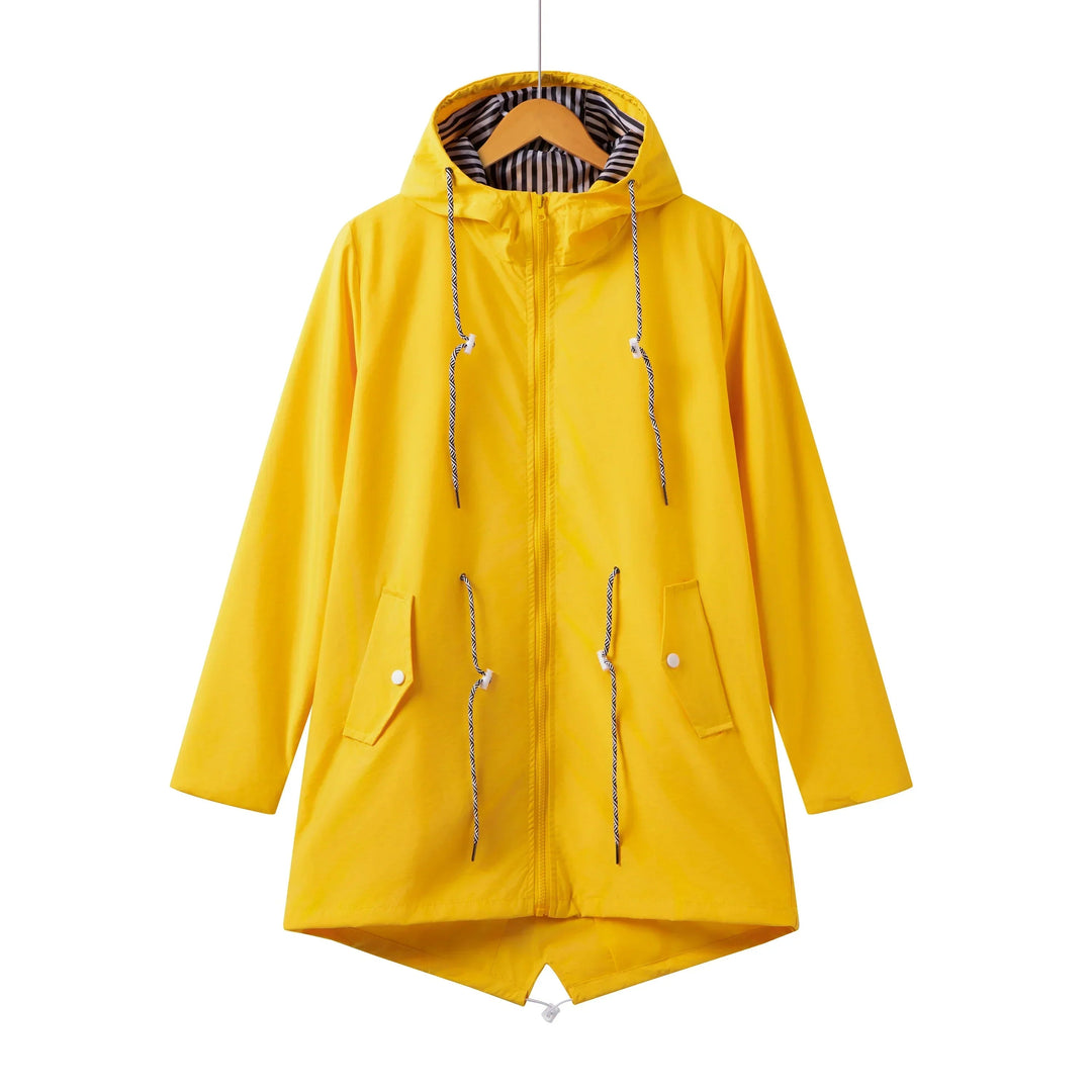 Durable women's waterproof rain jacket, hooded trench coat design for ultimate protection in wet weather.