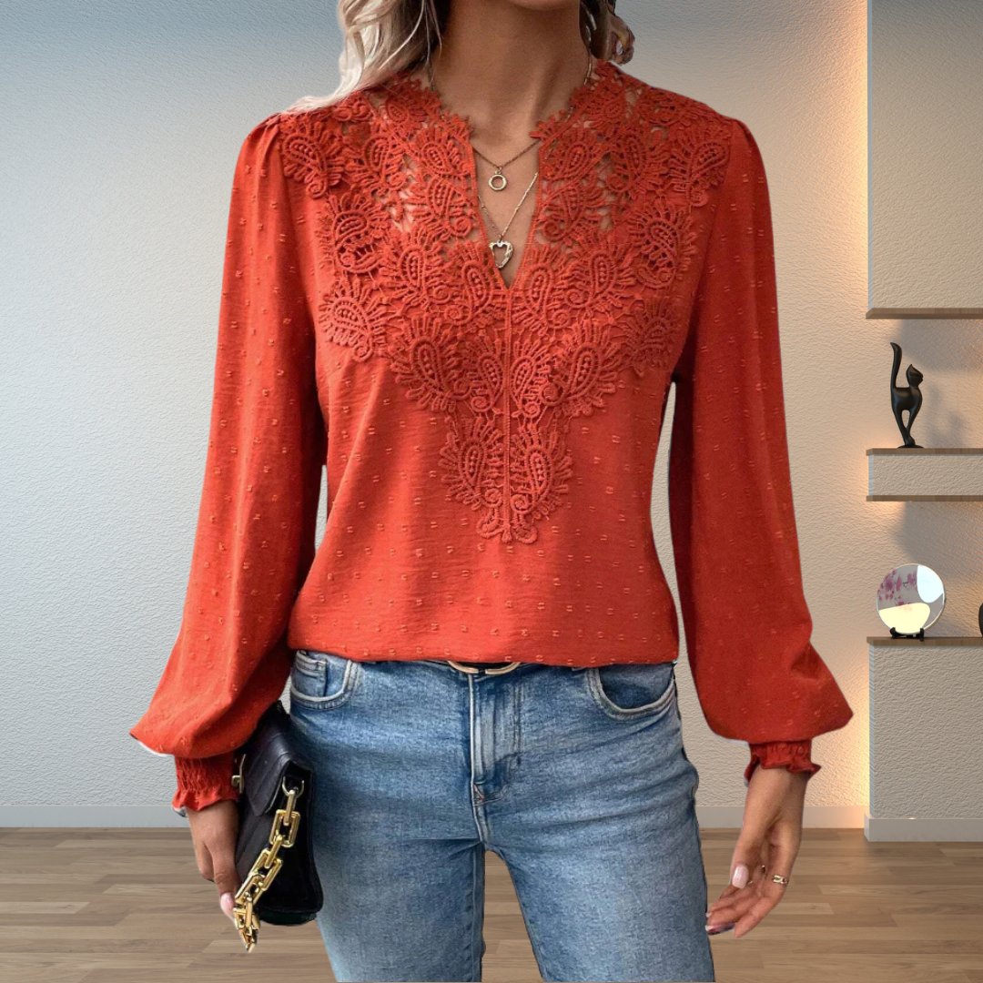 Elegant women's lace-bodice long-sleeve blouse, V-neck, smocked cuffs. Chic for work or party.