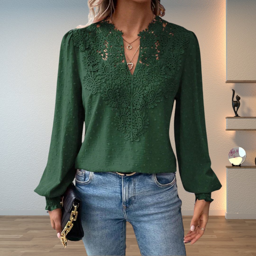 Casual chic women's long-sleeve blouse with elegant lace bodice & V-neck. Versatile for office or a night out.
