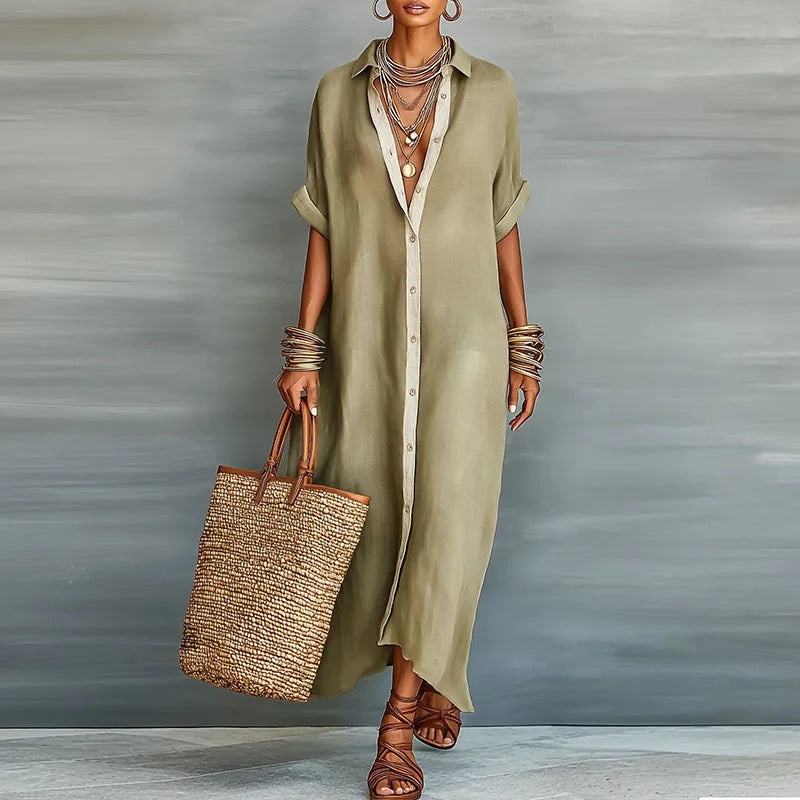Elegant women's button-down maxi shirt dress, ideal for spring & summer day wear.