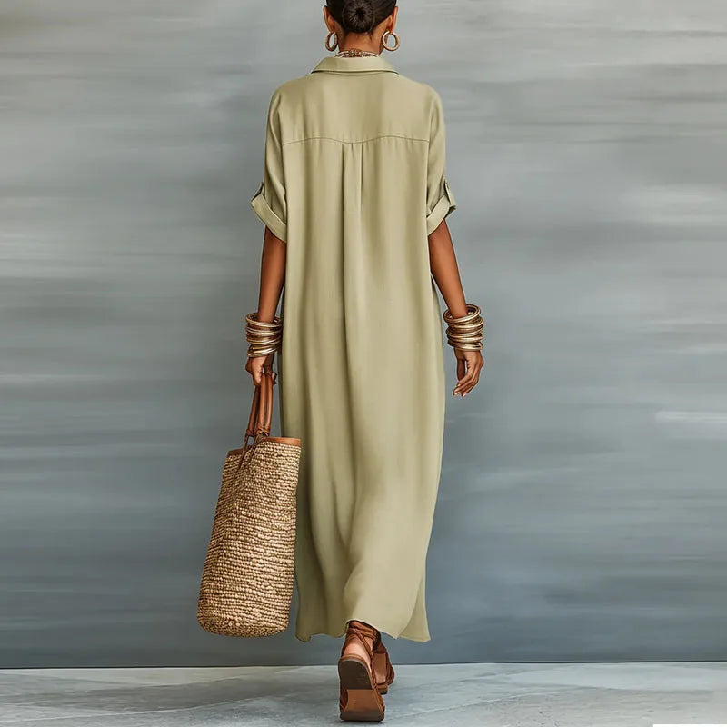 Stylish long button-down shirt dress for women, perfect for casual outings or elegant vacation wear.