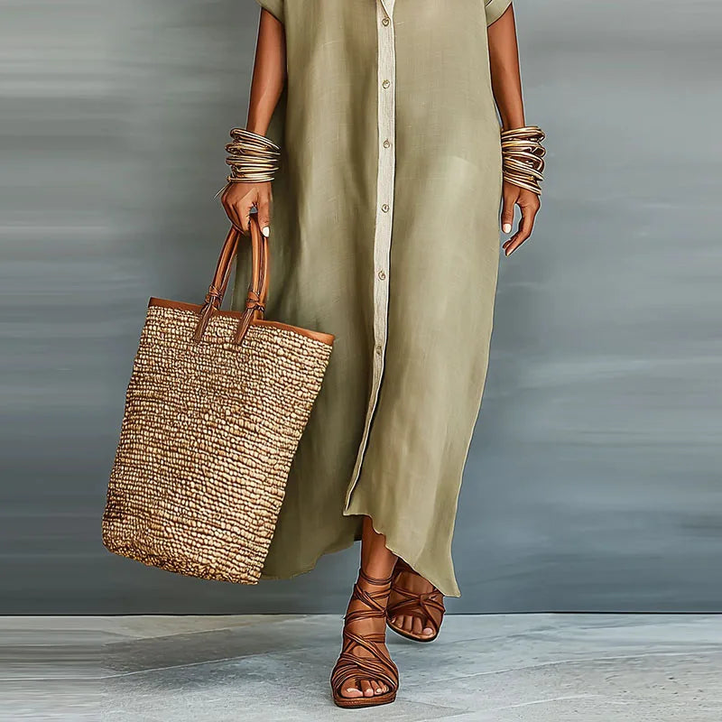 Versatile collared button-down maxi dress for women, suitable for casual or elegant spring events.