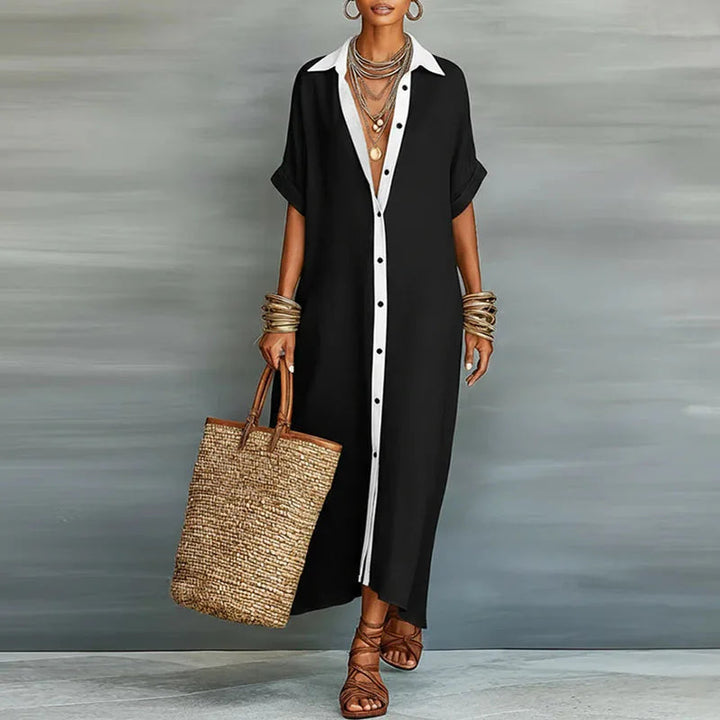 Chic collared button-down maxi dress, a perfect long shirt dress for women's spring/summer style.