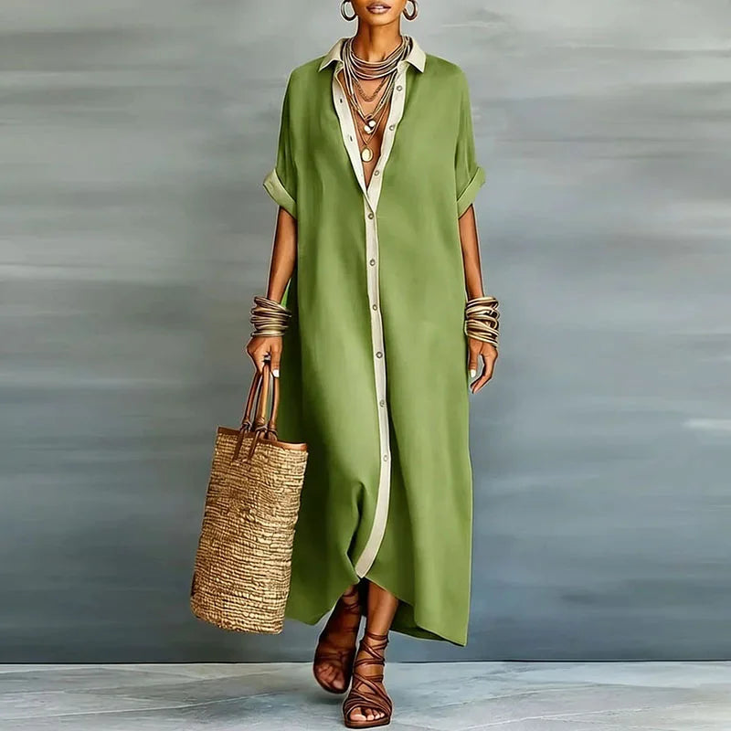 Flowy women's button-down maxi shirt dress, excellent elegant choice for vacation or casual day wear.
