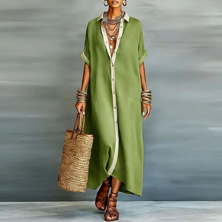 Flowy women's button-down maxi shirt dress, excellent elegant choice for vacation or casual day wear.