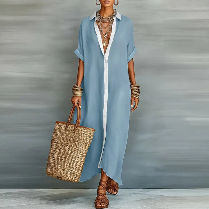 Fashionable women's long button-down shirt dress, an elegant maxi dress for spring and summer fashion.