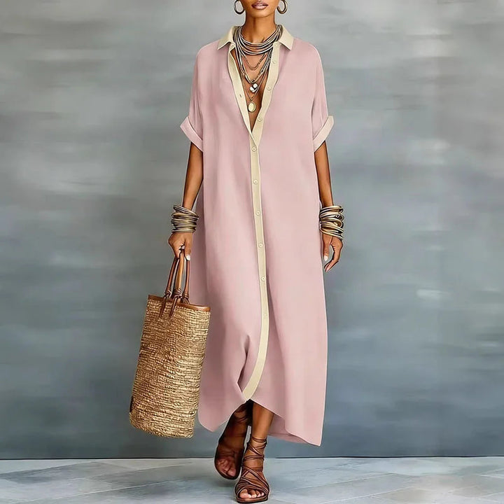 Classic women's button-down maxi shirt dress, a must-have elegant collared day dress for summer.