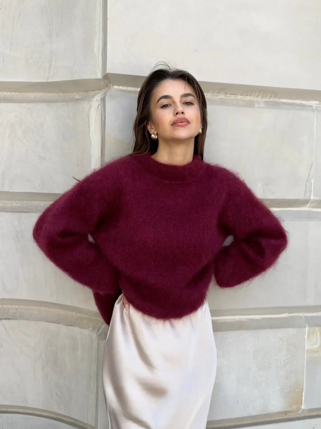 Layering women's knit sweater, elegant & cozy, long sleeve, essential for cold fall/winter.