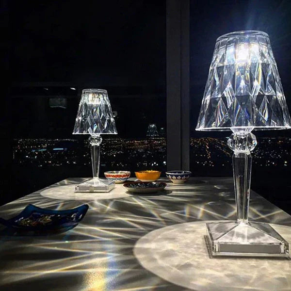 Sparkling LED crystal lamp, touch control, rechargeable for versatile home decor.