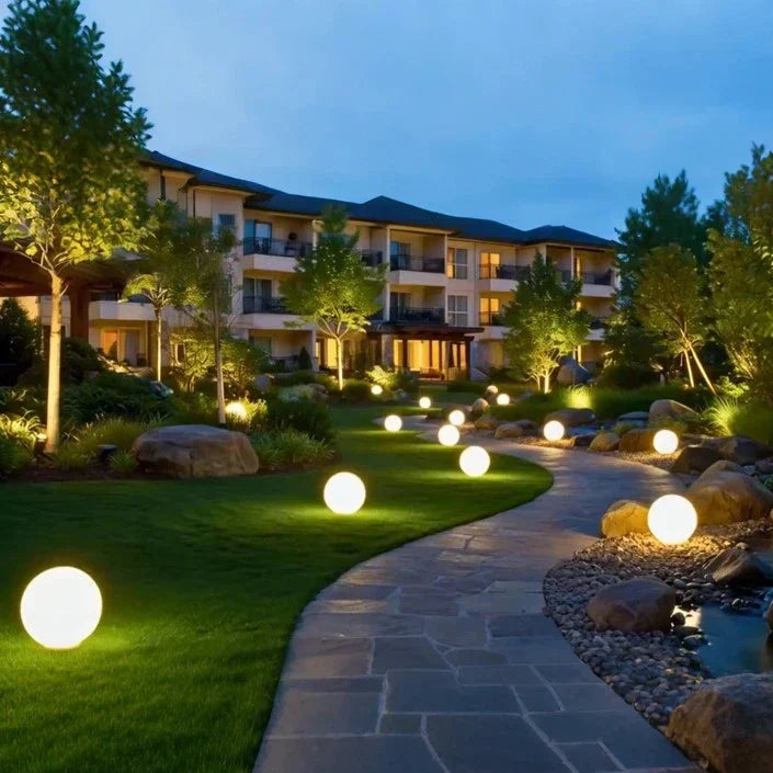 Decorative spherical RGB garden light, 16-color LED, weatherproof, remote for stunning patio lighting.