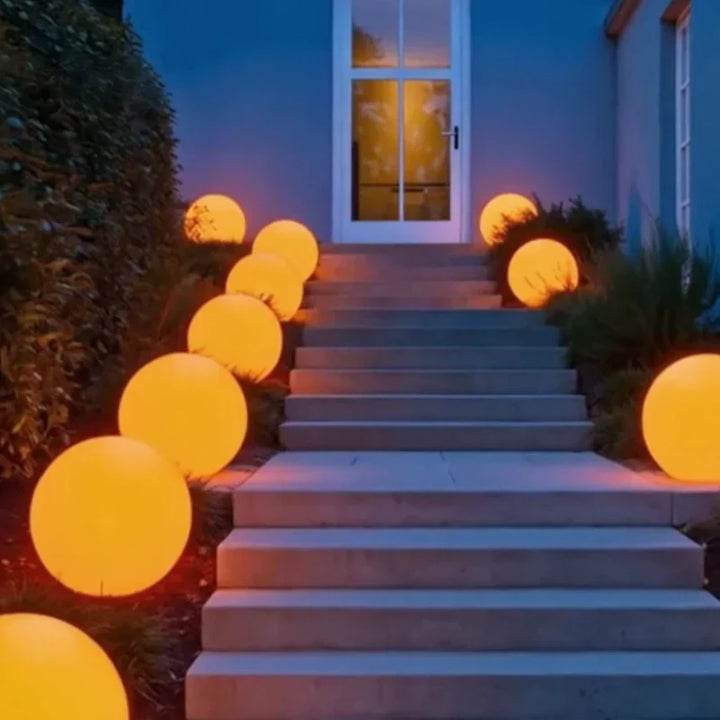 Spherical RGB light for backyard, 16-color LED, weatherproof, remote control, perfect outdoor decor.
