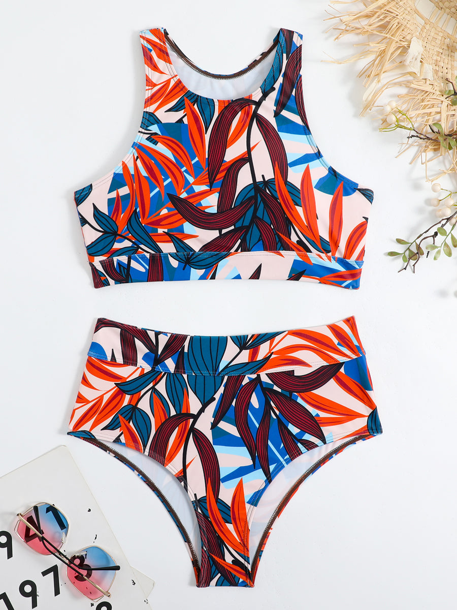 Women's athletic high-waist bikini set featuring a secure racerback swimwear top.
