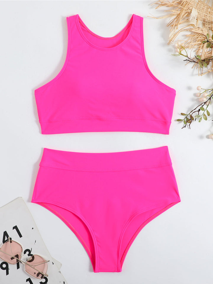 Stylish women's high-waist bikini set with a racerback top, ideal for summer activities.