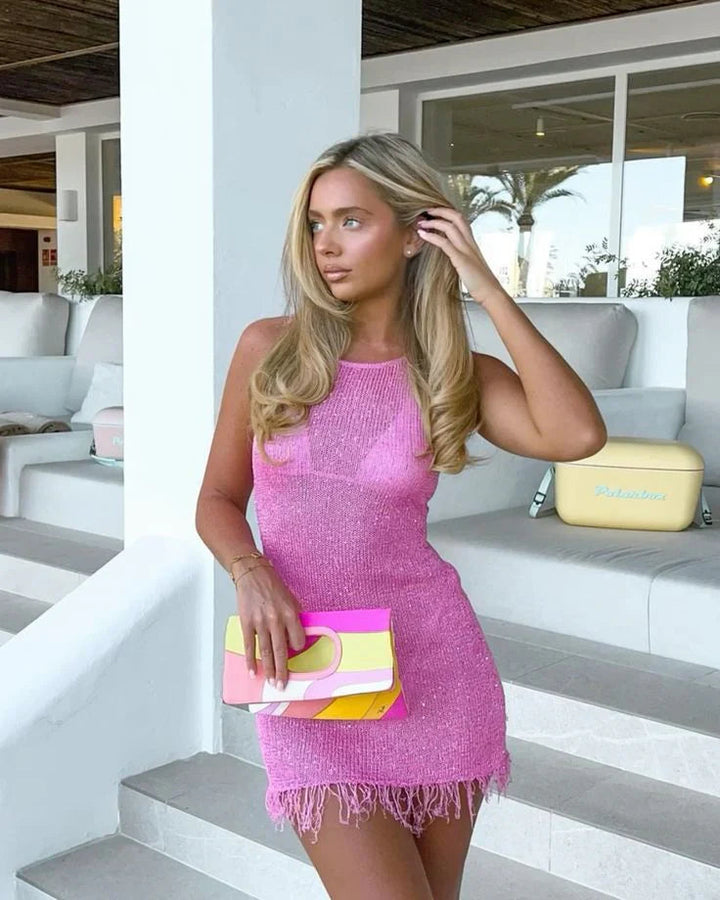 Glamorous pink sequin mini cocktail dress, ideal for women's evening wear & special events.