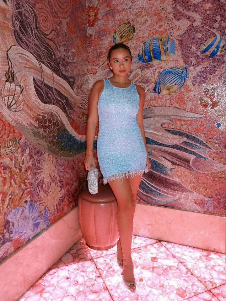 Shimmering light blue fringe hem mini dress, a sparkly sequin party & cocktail dress for women.