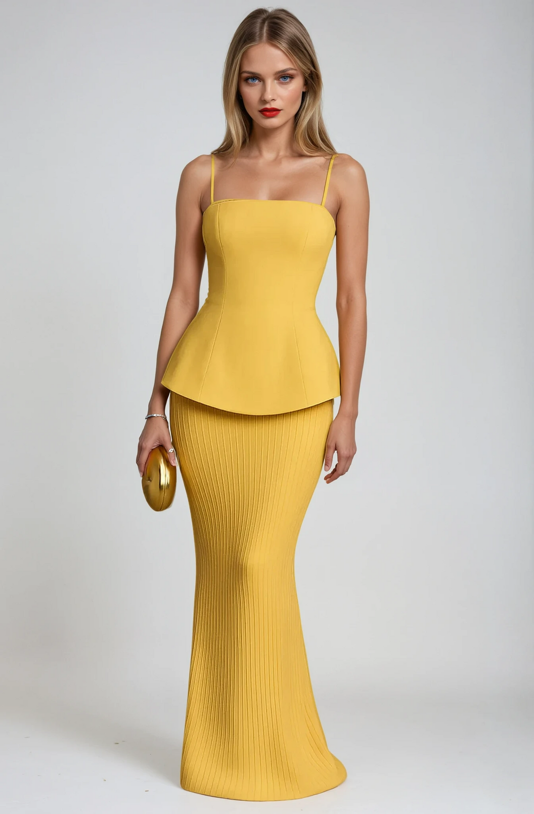 Elegant women's yellow strapless formal maxi dress for evening parties & special occasions.