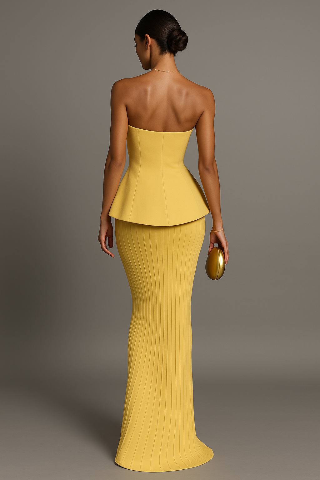 Chic women's yellow strapless maxi dress, a formal evening gown for elegant parties.