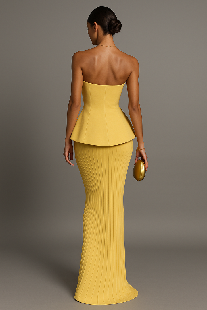 Chic women's yellow strapless maxi dress, a formal evening gown for elegant parties.