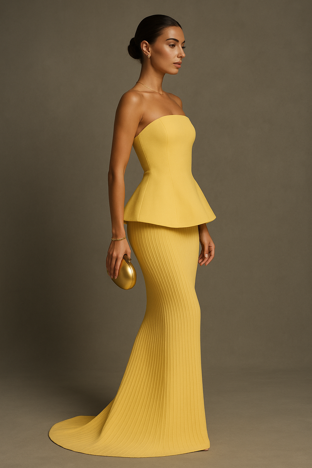 Stunning yellow strapless formal maxi dress for women's evening galas & special occasions.